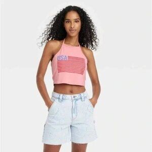 Isaac Morris Pink USA American Flag Patriotic Halter Top Crop Top Tie Shirt S